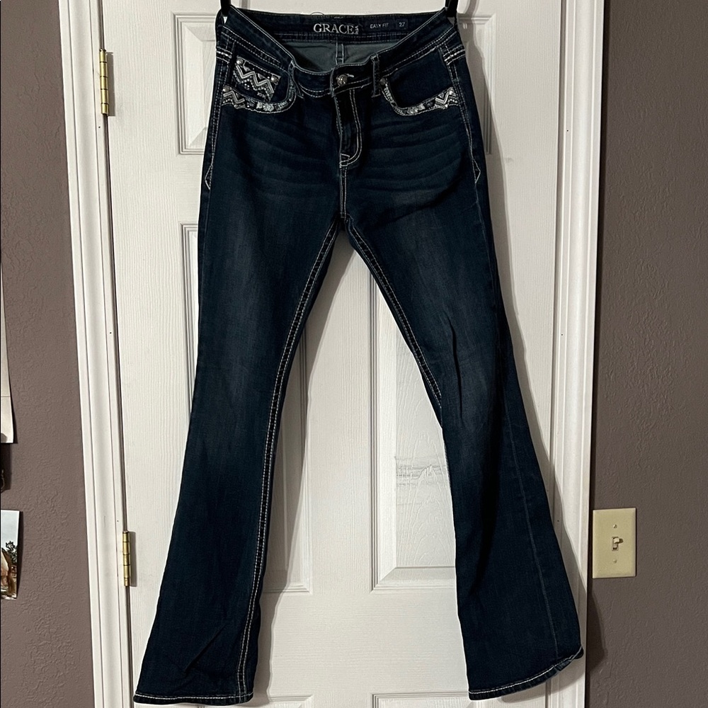 Grace in LA Dark Blue Flare Jeans with Embroidery
